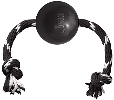 KONG Extreme Ball mit Seil - strapazierfähiges Hundespielzeug aus Naturkautschuk mit Seil für einfaches Werfen - für große Hunde, schwarz