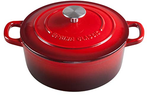 EDGING CASTING Horno holandés de hierro fundido esmaltado, 5.5 cuartos de galón, olla holandesa redonda con doble mango para hornear pan, hornos holandeses con tapa, horno de pan, rojo
