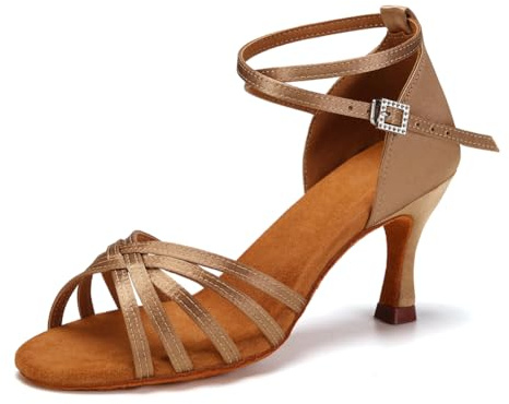 RUYBOZRY Kvinnor Latinska Dansskor Satin Balsalong Salsa dansskor, 802QB-7cm,Beige,EU 35