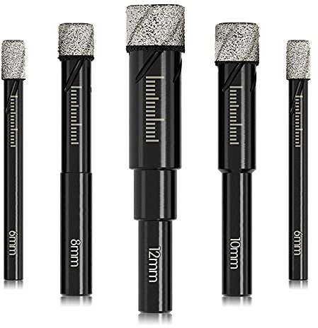 Lot de 5 forets diamantés secs pour granit, céramique, marbre, carrelage, pierre, verre, matériaux durs (pas pour le bois), tige ronde 6, 8, 10, 12 mm avec étui de rangement