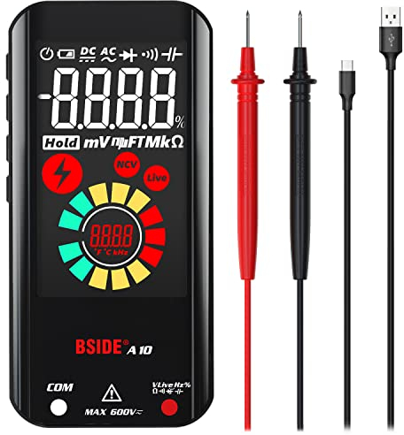 BSIDE Digitales Multimeter, wiederaufladbar mit Farb-LCD, 3 Ergebnissanzeige, 9999 Zählungen, Taschenmesser, Kapazitätsdiode, Ohm, Hz, Einschaltdauer, V-Alert, Live-Check, Spannungsprüfer, Schwarz