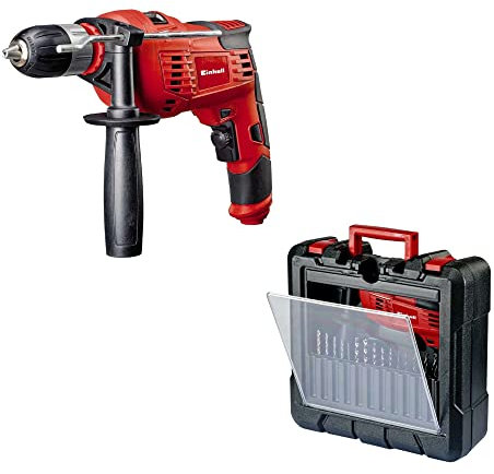 Einhell Pack taladro percutor eléctrico con cable - TC-ID 1000 Kit - con guía para espigar kwb - 1010W, 15 piezas de perforación:1 puntera, 1 hoja de sierra, 1 rascador, 1 placa de lijado, 1 bolsillo