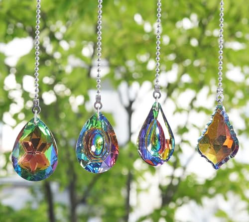 Crapyt Kristall-Sonnenfänger zum Aufhängen, Prisma, Glas, bunte Anhänger für Kronleuchter, Licht, Fächer, Fenster, Tür, Wand, Windspiel, Teile, Regenbogenmacher, dekorativ, 4 Stück mit Kette (50 cm),