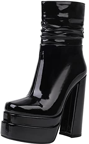 JR.catning Damen Blockabsatz Stiefeletten Damen Plateau Abend Kleid Stiefeletten Damen Square Toe Reißverschluss Stiefeletten Schwarz-Qp Gr 39 EU/40Cn