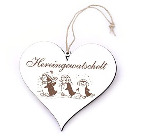 Schild Herz Hereingewatschelt mit Motiv Winter Pinguin Familie - Türschild Dekoschild Wandschild Türdeko 13x12 cm