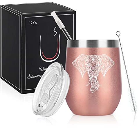 Livole Elephant Christmas Gifts for Women, Mum, Novelty Mug for Friends, Elephant Lovers Gifts, Birthday Gift for Her, Women, 12OZ Vacuum Insulated Coffee Mug, 350ml Wine Tumbler with Straw and Lid