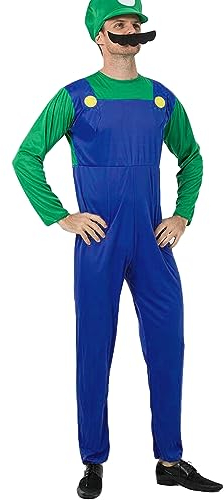 Pianocean Super Kostüm Brothers Cosplay Kostüm für Erwachsene, Klempner Kostüm Set, Faschingskostüm Herren mit Bodysuit Mütze Schnurrbart, Karneval Kostüm Herren Damen, Kostüm Erwachsene für Halloween