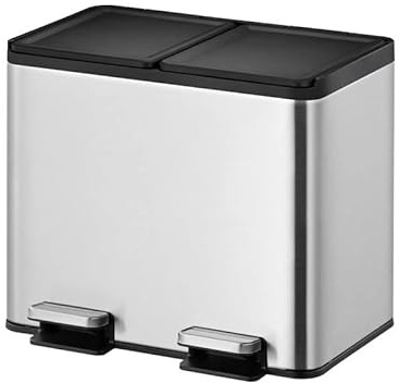 PROREGAL Rechteckiger Treteimer aus gebürstetem Edelstahl mit getrennten Soft-Close & Stay-Open Deckel | 15+15 Liter, HxBxT 41,2x46,3x33,2cm | Silber