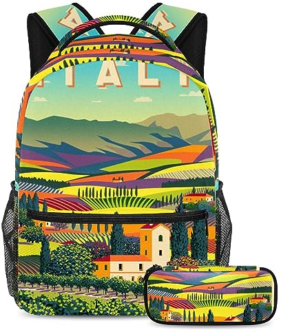 VAPOKF Schulranzen-Set für Teenager, Mädchen, Jungen, Schüler, Büchertasche, Rucksack mit Federmäppchen für die Schule – Italien ländliche Bauernhoflandschaft, multi, Einheitsgröße, Schulranzen-Sets