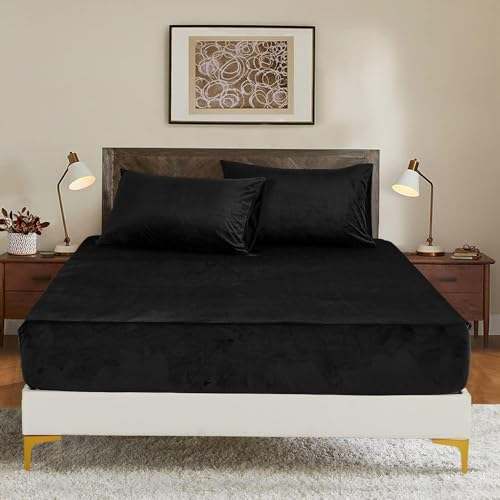 Luowei Spannbettlaken Warm 160x200cm Schwarz Extra Warm Kuschel Spannbetttuch Samt Flanell Flauschige Spannbetttücher Weich Uni Muster Leintuch 160x200 für Boxspringbett Hohe Matratze bis 25-30cm