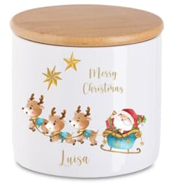 minimutz Contenitore per biscotti di Natale per bambini con nome, in ceramica personalizzata con coperchio, con slitta di renne, regalo di Natale, Babbo Natale S (9,5 x 10 x 10 cm)