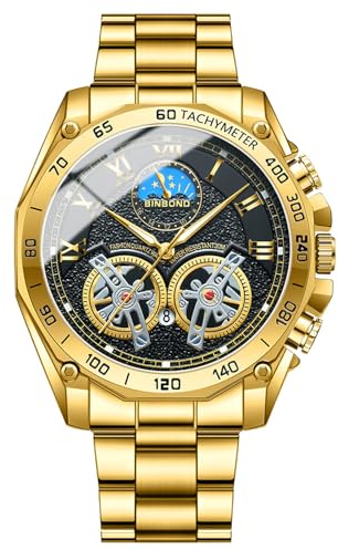 JewelryWe Uhren Herren Edelstahl Tourbillon: Datum Kalender 30m wasserdichte Analog Quarz Armbanduhr Männer Gold Edelstahl Armband Uhr mit Schwarz Doppelt Tourbillon Zifferblatt und Leuchtzeiger
