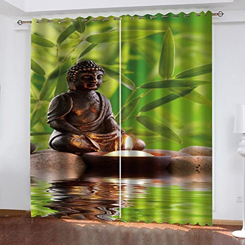 SATUSA Vorhang Blickdicht 3D Buddha-Kerze Bambusblätter Muster Ösenschal 2Er Set 140X160Cm Fenster Gardinen Mit Ösen Verdunkelungsvorhang Wohnzimmer Kinderzimmer Thermovorhang Schallschutz Vorhänge