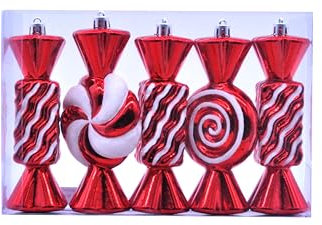 Festive Productions Christbaumkugeln, bruchsicher, rot und weiß, gestreift, 15 cm, verschiedene Formen, 5 Stück