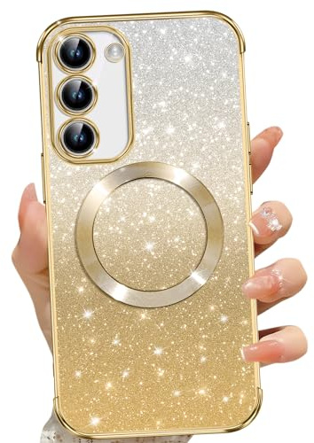 Phoona für Samsung Galaxy S23 Hülle, Magnetisch Handyhülle Kompatibel mit MagSafe, Keine Vergilbung, Kratzfeste, Ganzkörperschutz Glitzer Hülle für Samsung Galaxy S23 5G, Mit 2 Schutzfolie, Gold