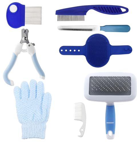 QGGTQG Kit de toilettage pour lapins - 8 pièces - Avec tondeuse pour animal de compagnie, coupe-ongles, lime, massage pour animaux de compagnie, gant de bain, peigne à puces pour chats, chiots,