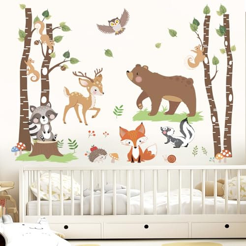 wondever Wandtattoo Waldtiere Baum Birke Wandaufkleber Bär Rehe Füchse Eichhörnchen Wandsticker Wanddeko für Babyzimmer Kinderzimmer Schlafzimmer