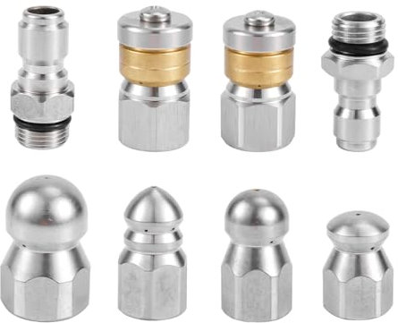 NQEUEPN 8pcs Sewer Jetter Nozzle Kit with 1/4 & 3/8 NPT Quick Connectors, Stainless Steel, 5000 PSI, 8 Nozzles, 2 Connectors, Sewer Jet Hose Cleaning Tool