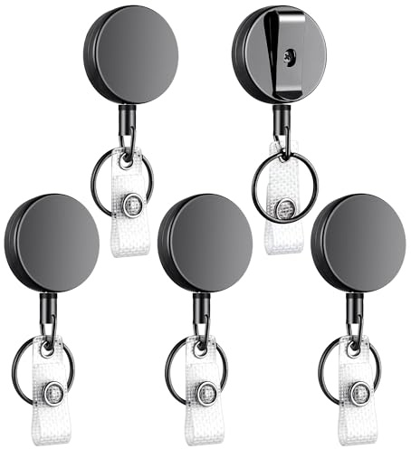 Teskyer 5 Pezzi Porta Badge Retrattile, Portachiavi Retrattile, Metallo, Corda di Nylon, Argento-nero