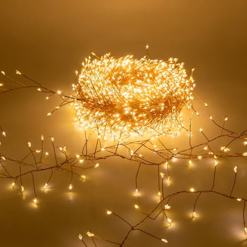 Luccika Cluster Weihnachts-Lichterkette, Mikro-LED-Lichterkette, 8 Spielmodi, Innen- und Außenbereich, dekorative Lichterketten für Baum, Weihnachten (warmweiß, Kupferkabel, 10 Meter – 1000 LEDs)