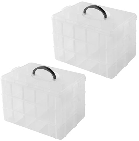 JIEHIN 2 Stück 3 Ebenen Sortierbox, Stapelbare Kunststoff Aufbewahrungsbox mit Tragegriff und verstellbar Fächern, 30 Fächer Sortierboxen für Kleinteile, Handarbeiten, Perlen, Schmuck, Nähzubehör