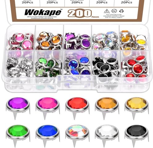 Wokape Assortiment de 200 clous à strass de 10 mm, 10 couleurs, perles en cristal éblouissantes, rivets à tête cloutée, rivets décoratifs punk en cuivre pour loisirs créatifs, cuir, vêtements