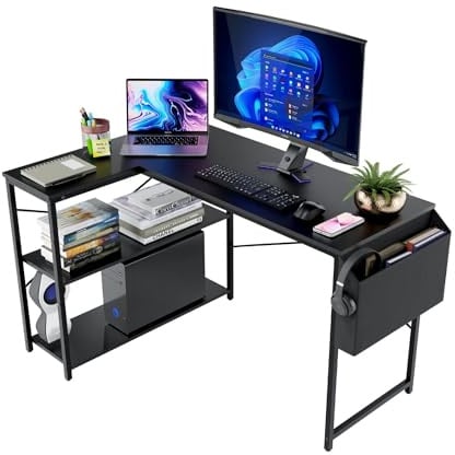 DMD Collective - L Shaped Desk, Gaming Table, Computer Desk with Storage | Reversible L-Shaped Corner Desk, 118 × 83 × 74cm, Built-In Storage Shelves, Matte Black Finish, For Gaming, Study Or Office