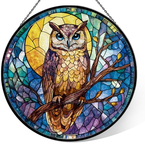 Eule Buntglas-Fensterbehang, 20,1 cm, Sonnenfänger, Glasscheibe, Boho-Wandkunst, Dekor mit Kette, handbemalt, rundes Ornament für Paare