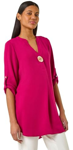 Roman Originals Shirt for Women UK Ladies Longline Top Collarless Blouse Smart Tunic Casual Evening Relaxed Fit 3/4 Length Sleeve Notch V Neck Long - Cerise - Size 10