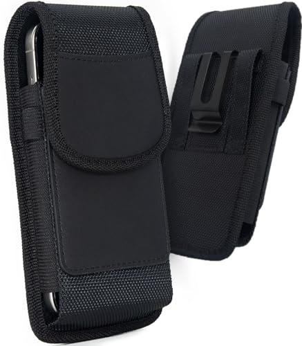 URDIKKG Phone Holster Pouch Compatible with iPhone 16/15/14/13/12/11 and Pro Models, Galaxy S25 S24 S23 S22, Cell Phone Belt Holder with Card Holder and Magnetic Closure, M-Black