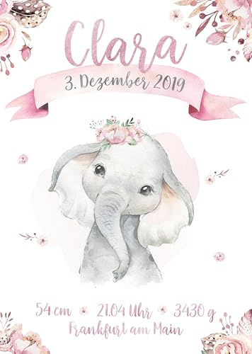 double critical Personalisiertes Geburtsposter Baby-Elefant – Mädchen Aquarell Poster mit Name und Geburtsdaten – Rosa Blumen Deko Kinderzimmer – Geschenk zur Geburt oder Taufe DIN A4 A3