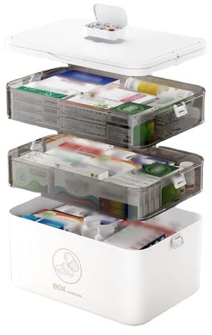 3 stöckige Medizinbox, Medikamentenbox mit Tragegriff in Weiß, 30x16,5x24cm | Großer Medizinkoffer mit Drei Etagen zur übersichtlichen Medikamenten Aufbewahrung Ideal als Apothekenbox für Zuhause