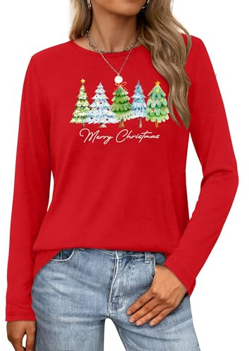 tiorhooe Christmas Long Sleeve Shirt for Women Merry Christmas Shirts Xmas Long Sleeve Blouse (Red1,S)
