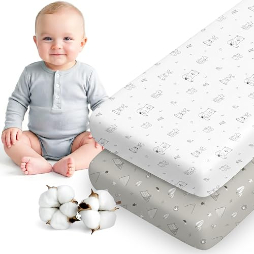 Dreamzie - 2er Set Spannbettlaken 60x120 cm Babybett - Baumwolle | Woodland Weiß/Grau · Kinderbett · Soft · Atmungsaktiv · Oeko-Tex