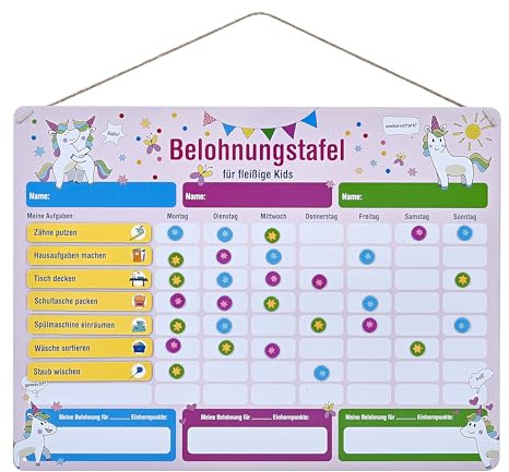 Belohnungstafel mit Einhorn-Motiv, Magnetische Aufgaben- & Motivationstafel für bis zu 3 Kinder, 24 Magnete für Aufgaben, individuell anzupassen, Lern- & Erziehungshilfe