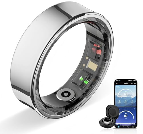 Potewek Smart Ring Men Women, sleep monitor&skin temperature (Silver, 7) | Fitness track with Gesture control ,menstrual cycle tracking,Step count and calories, 5ATM Waterproof