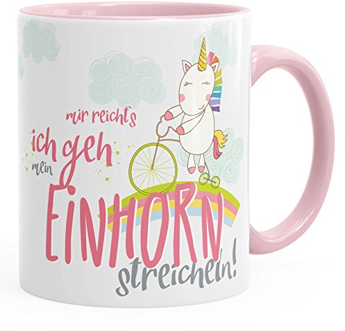 MoonWorks Tasse Einhorn auf Fahrrad Mir reichts ich GEH Mein Einhorn streicheln Spruch Tasse mit Innenfarbe rosa Unisize