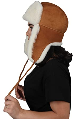 Zavelio Unisex Shearling Schaffell Leder Aviator Russische Ushanka Trapper Winter Fellmütze, cognac, 60