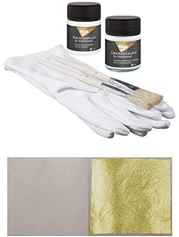 Starterset 100 Blatt Echtes Blattgold 23 Karat 3,8 cm x 3,8 cm + 1 x Anlegemilch 50ml + 1 x Überzugslack 50ml + 1 Paar Handschuhe + 2 x Pinsel