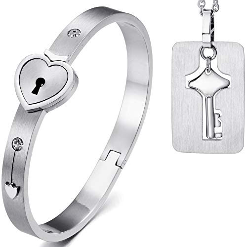Cupimatch 2PCS Paare Armband Armreif Halskette Set Herz Schloss und Schlüssel für Ehepaar Liebe Verliebte Edelstahl 18cm Armreif Damen 45cm Kete Herren, Silber