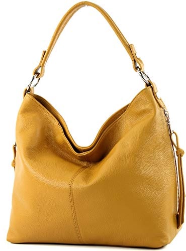 modamoda de - ital Shopper Schultertasche Groß Leder T160, Senfgelb, siehe Beschreibung