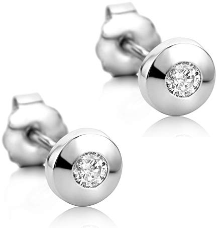 Orovi Schmuck Damen runde Solitärohrstecker mit 2 natürlichen Diamanten Brillanten 0.08 CT in einer Zargen Fassung Zeitlose klassische Ohrringe aus Weißgold 14 Karat / 585 Gold