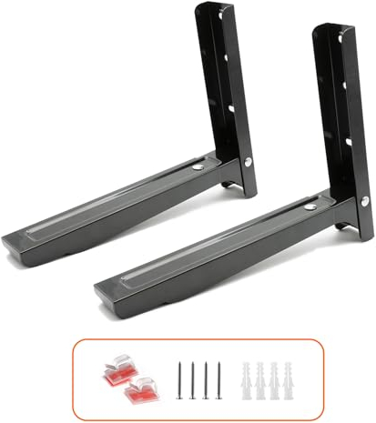 Universal Microwave Oven Wall Mount Shelf with Anti-Slide Rubber Pads & Cable Wall Clips - Adjustable Bracket Kit for Microwave Kitchen Oven - Black