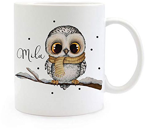 Tasse Becher Eule Eulchen auf Ast Zweig Motiv mit Wunschname Name individuell Kaffeebecher Kaffeetasse Geschenk ts1082 - ausgewählte Farbe: *weiß*