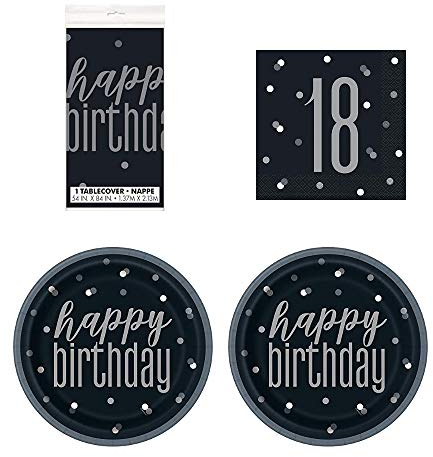 18th Birthday Black and Silver Glitz Tableware Pack for 16