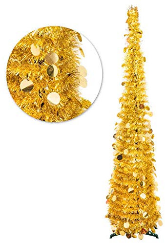 FINGOOO 5ft/1.5m Collapsible Christmas Tree Gold Tinsel Pop Up Coastal Christmas Tree for Holiday Xmas Decorations, Home Display, Office Decor