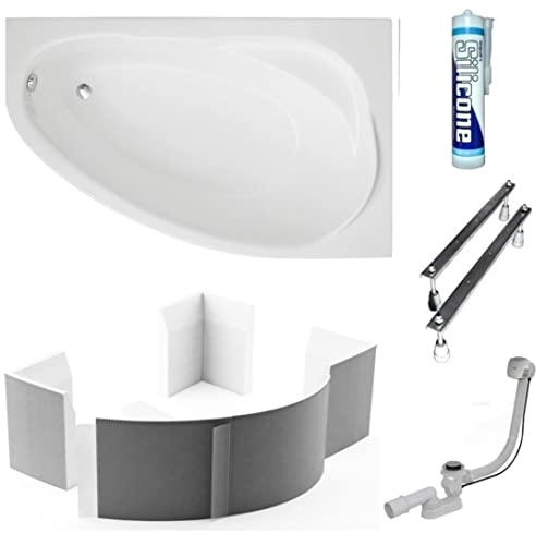 ECOLAM® Badewanne Wanne Eckwanne Eckbadewanne Acryl weiß Marea Polimat 150x100 cm RECHTS + Wannenträger Ablaufgarnitur Ab- und Überlauf Automatik Füße Silikon Komplett-Set