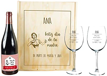 Regalo día de la madre: Kit con Botella de Vino + Copas de Vino + Caja de Madera, Todo ello Personalizable con Nombre para madres