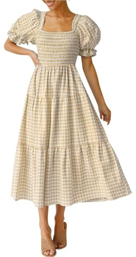 ZESICA Damen 2024 Bohemian Summer Plaid Square Neck Puffärmel Rüschen Flowy Beach Midi Kleid