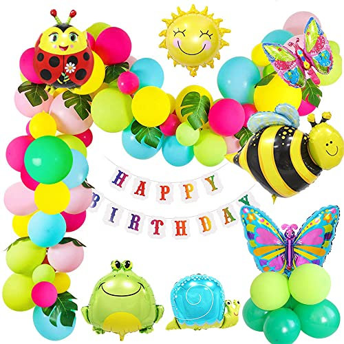 Garden Party Decorations for Girls - Insect Birthday Set With Balloons, Happy Birthday Banner, Bee, Butterfly, Snails, Palm Leaves - Reusable Kids' Party Pack